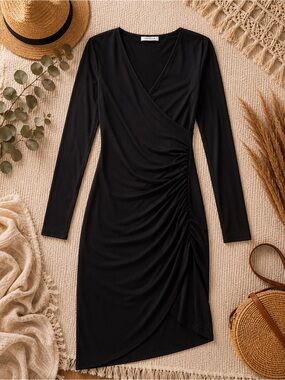 Black Long-Sleeve Ruched Wrap Dress
